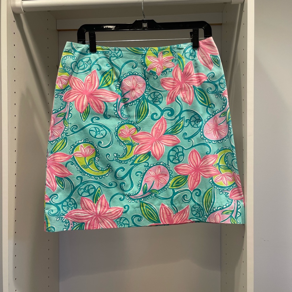 Vintage Lilly Pulitzer printed skirt with pinks, turquoise, teal and green.